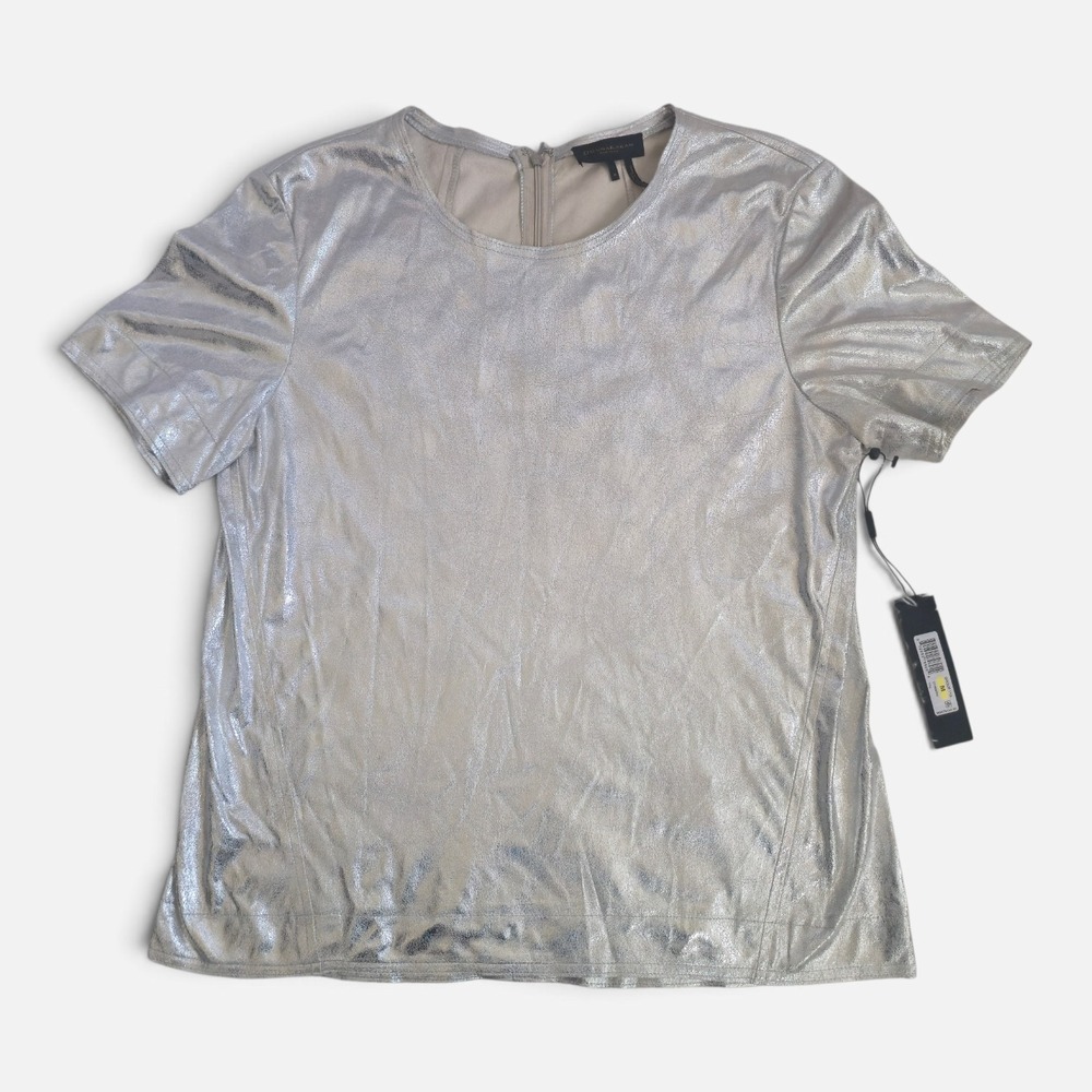 Donna Karan NWT Silver Top Y2K Short Sleeve Futuristic Metallic Foil Zipper Back